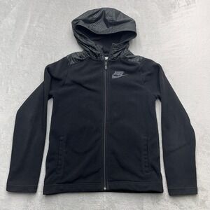 Nike Fleece Hoodie Kids Large Black Stretch Soft Cozy Swoosh Logo Outdoor Zip Up